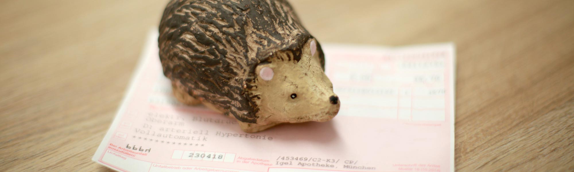 Ein Igel aus Holz liegt auf einem Rezept in der Hasen und Igel Apotheke.