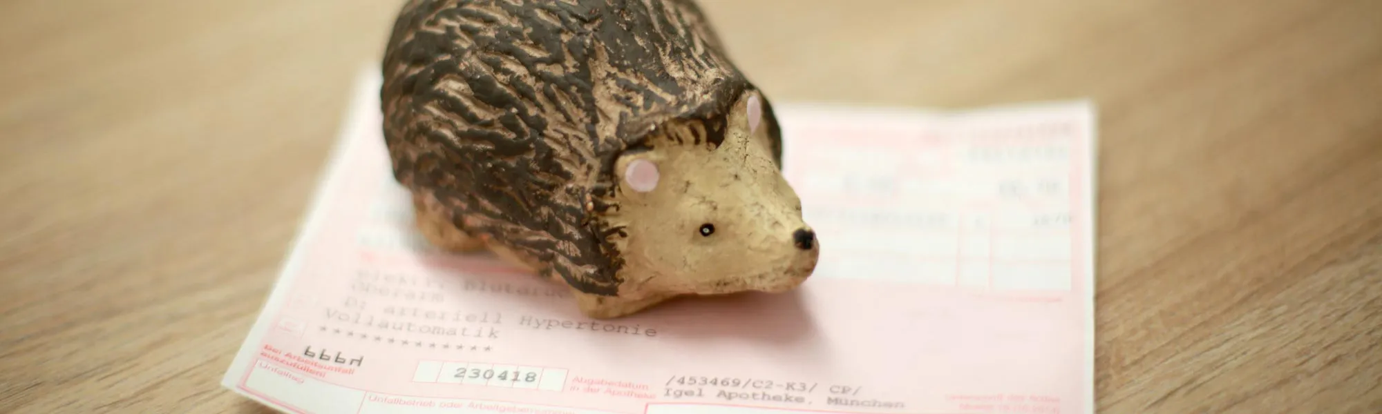 Kleine Igel-Figur auf Rezeptzettel in der Igel-Hasen-Apotheke